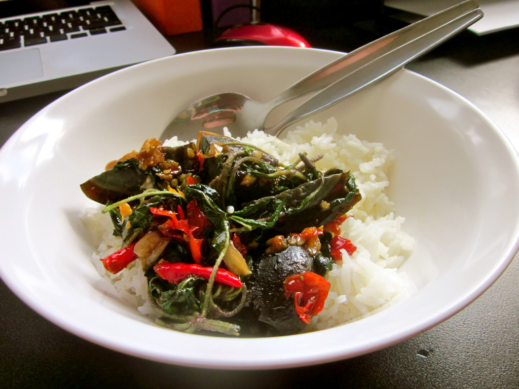 Pad krapao kai yeow maa stir-fried century egg with holy basil - photo by Chris Wotton