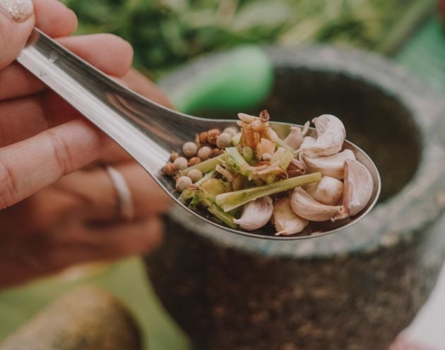 Learning about ingredients in a Thai cooking class