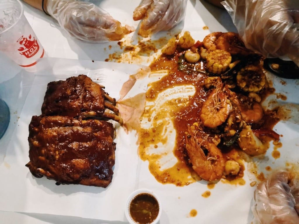 Seafood and BBQ pork ribs on the table