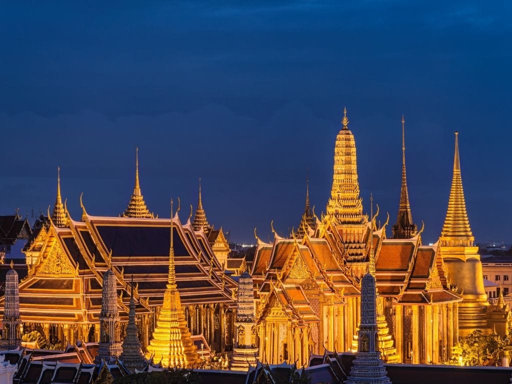 The Grand Palace by night in Bangkok